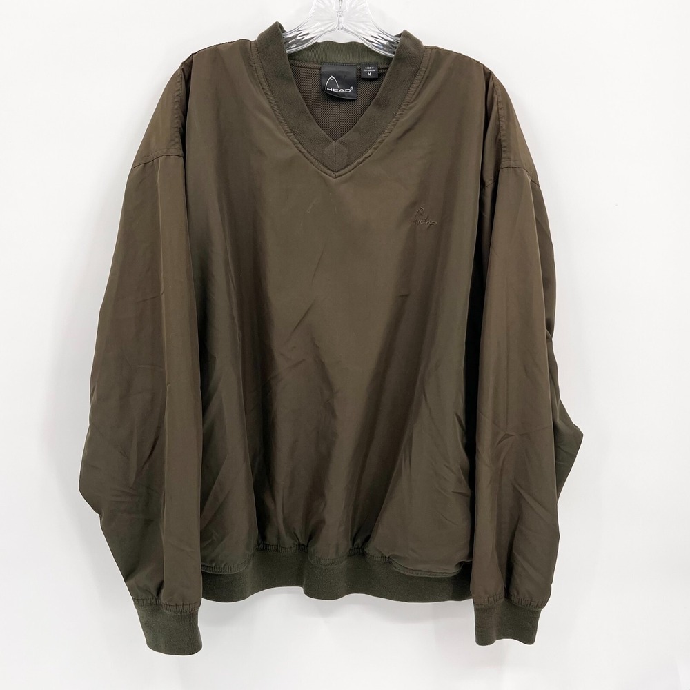 HEAD Men's M Army Green V-Neck Lined Polyester Tennis Warm-Up Pullover Pockets